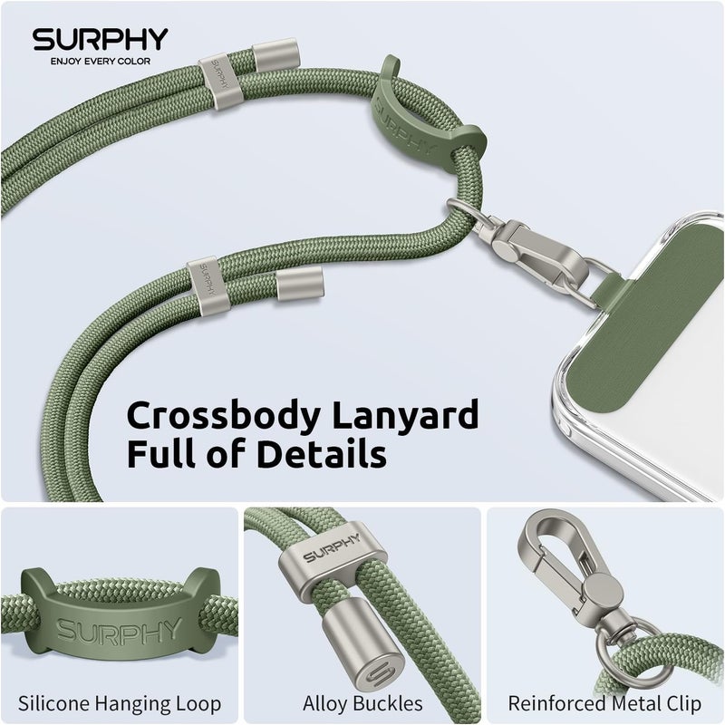 SURPHY Phone Lanyard, Adjustable Phone Strap Crossbody with 2 Pack Cell Phone Tether Tab, Premium Metal Buckles, Skin-Friendly, Universal Cell Phone Lanyard Crossbody for Women and Men, Army Green - Image 2
